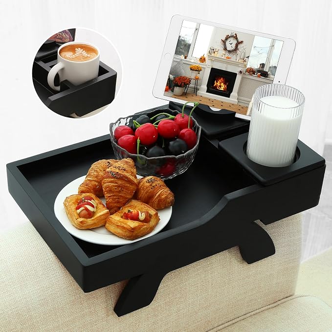 GHKINMAL Couch Cup Holder Tray, 15.4"x9.9" Large 4 in 1 Couch Arm Tray with 360°Rotated Phone Holder, Non-Slip Clip on Side Table for Drinks/Remote/Snacks, Ideal Gift for Husband, Wife, Parents