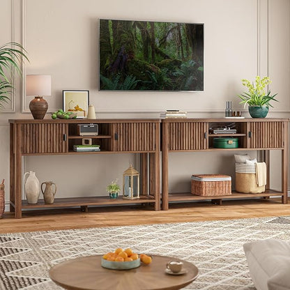 Console Table Fluted with 8 Storage Shelves & 2 Doors, Modern Sofa Table Behind Couch with Open Storage Shelf, Entry Table for Hallways,Entryway, Living Room,Wooden, Walnut Brown
