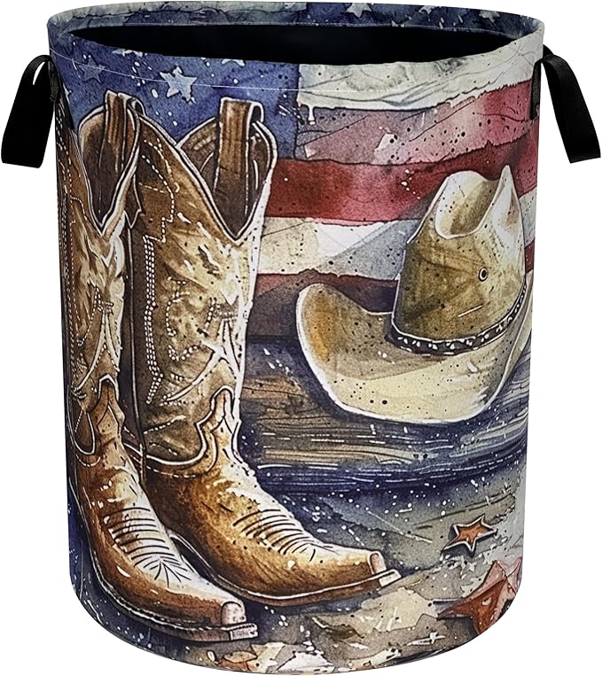Cowboy Hat Boots Laundry Basket American Flag Oxford Cloth Laundry Hamper With Handle Foldable Portable Clothes Storage Basket 18.9 X 16.5 In Storage Bag For Laundry Room/Bathroom/Bedroom/Dormitories