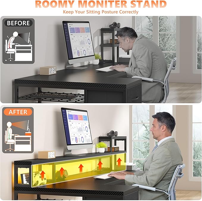 71" L Shaped Gaming Desk with 3 Drawers & Hutch,Computer Desk with Monitor Stand & Power Outlet,Home Office Desk Reversible Black Desk with LED Light,Printer Shelf for Home Office,Black Carbon Fiber