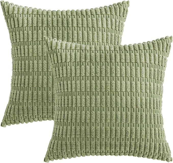MIULEE Pack of 2 Spring Corduroy Decorative Throw Pillow Covers 16x16 Inch Soft Boho Striped Pillow Covers Modern Farmhouse Home Decor for Summer Sofa Living Room Couch Bed Sage Green