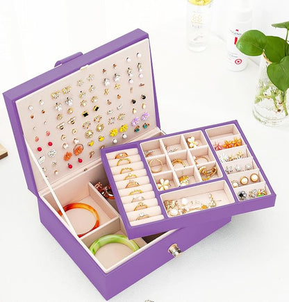 QBestry Girls Jewelry Box for Earrings Jewelry Organizer Box Teen Girls Earrings Organizer Jewelry Box with Earring Holder Organizer Stud Earring Box for Girls Womens Jewelry Case Organizer Purple