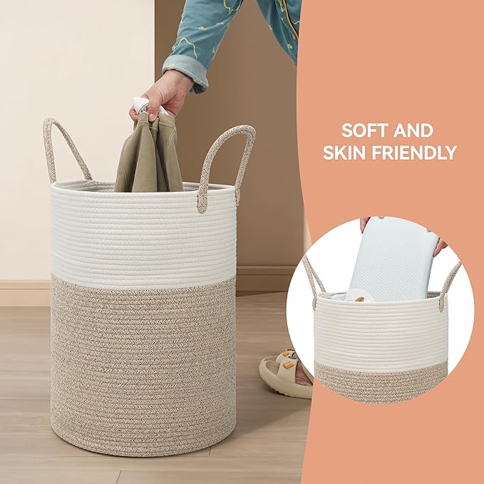 Eblog 58L Cotton Rope Laundry Basket (20"x15"), Woven Storage Basket for Laundry, Living Room, Nursery, Bedroom, Blankets (White/Brow)