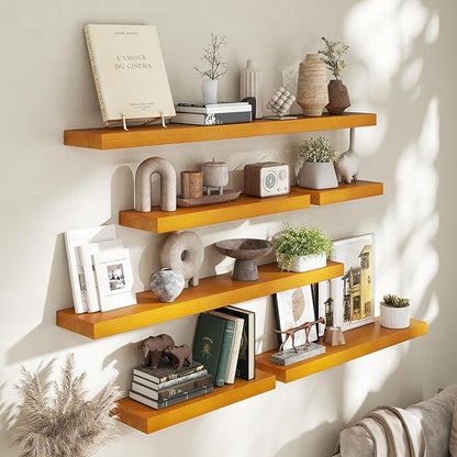 Marsmiles Wood Floating Shelves | Rustic Honey Oak Wall Shelves Set of 2 | 16" W x 7.7" D x 1.6" H Wooden Shelves for Bathroom Living Room Kitchen
