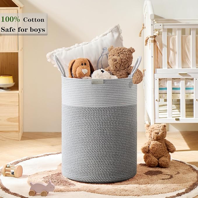 80L Extra Large Grey Laundry Hamper Basket, Tall Woven Hamper for Bedroom, Cotton Rope Laundry Basket for Clothes, 16x22 Inches