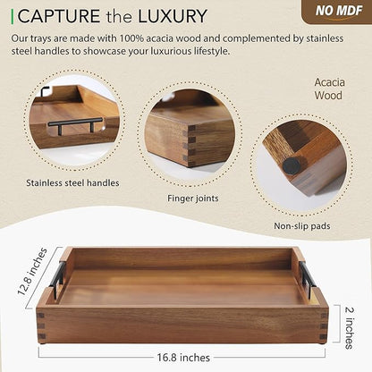 Joy&Grace Ottoman Tray for Living Room, Large Acacia Wooden Serving Tray with Handles for Coffee Table, Breakfast in Bed, Food Dinner, Decorative Tray (Color Natural, 16.7" x 12.8" x 2")