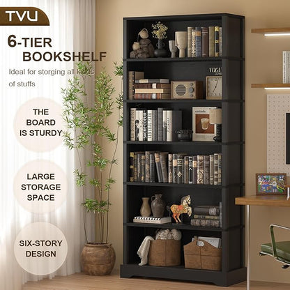 TVU 6-Tier Wooden Bookshelf, 77.2" Tall Farmhouse Style Open Bookcase, 31.5" W Standing Book Shelf with Storage, Suitable for Study, Living Room, Office, Blcak