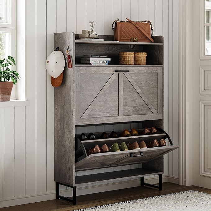 Shoe Cabinet with 2 Flip Drawers, 45" Freestanding Narrow Wood Shoe Storage Cabinet with Metal Legs and Hooks, Slim Shoe Rack Organizer for Entryway, Hallway, Grey