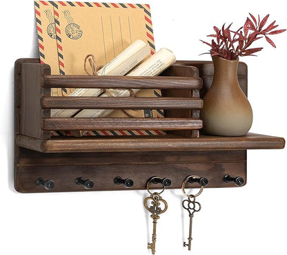 Rebee Vision Pine Wood Key Holder Wall Mount - Farmhouse Mail and Key Holder for Wall with Floating Shelf & 6 Hooks - Decorative Mail Organizer with Round Corner for Home Decor (Brown)