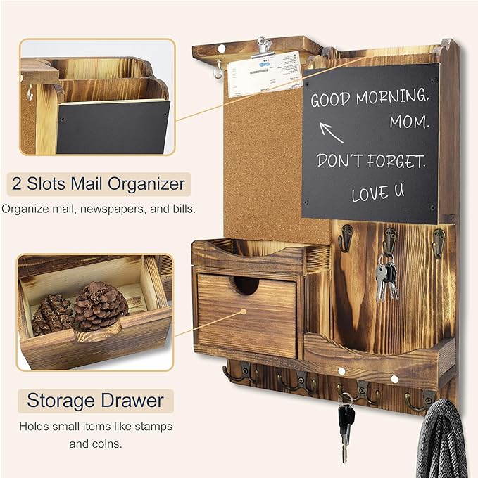 Key Holder Wall Mount， Mail Organizer Key Holder for Wall with Shelf, Drawer, Chalkboard, Corkboard, Home Decor Wall Mounted for Room Entryway(Natural Wood)