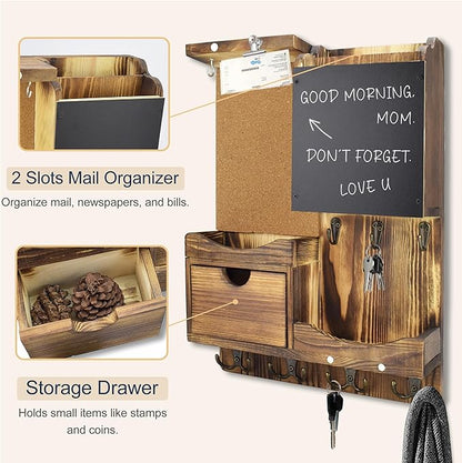 Key Holder Wall Mount， Mail Organizer Key Holder for Wall with Shelf, Drawer, Chalkboard, Corkboard, Home Decor Wall Mounted for Room Entryway(Natural Wood)