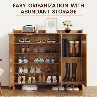 Shoe Cabinet, 41" Tall Rattan Shoe Storage Organizer Cabinet, Adjustable Shelves, 6-Tier Farmhouse Boho Wooden Storage Cabinet for Entryway Hallway Closet Bedroom,Oak