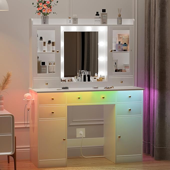 Vanity Desk with Mirror and Lights, White Vanity with Lighted Mirror & Power Outlet and 7 Drawers, 3 Color Modes Adjustable, Makeup Dressing Table Set with Lights for Girls Women
