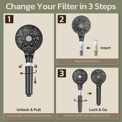 6-Setting Filtered Handheld Shower Head, JDO High Pressure Shower Head with Replaceable Filter Cartridge 4.7 Inch Detachable Showerhead for Chlorine Hard Water Removal, 59 Inch Stainless Steel Hose