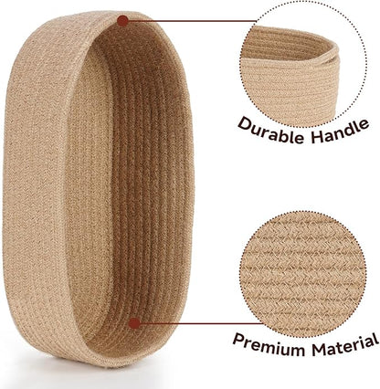 Temary Toilet Paper Basket, Narrow Cotton Rope Storage Bins with Handles, 2 Pack Small Decorative Baskets for Organizing Bathroom, Bedroom, Living Room (Jute, 13x5.9x3.9)