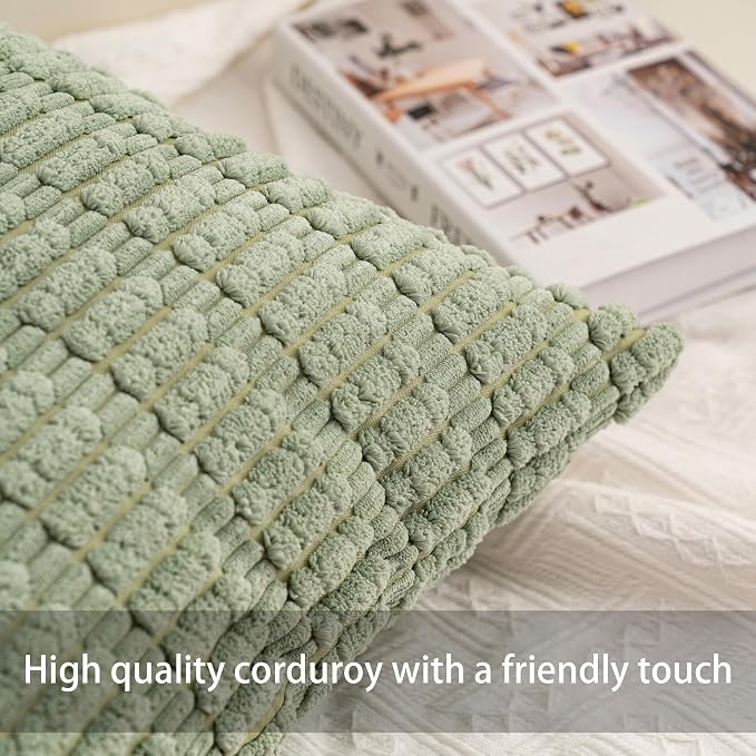 Aegero Pack of 2 Corduroy Decorative Throw Pillow Covers 16x16 Inch Soft Striped Pillow Covers Modern Farmhouse Home Decor for Sofa Living Room Couch Bed（Blackish Green）