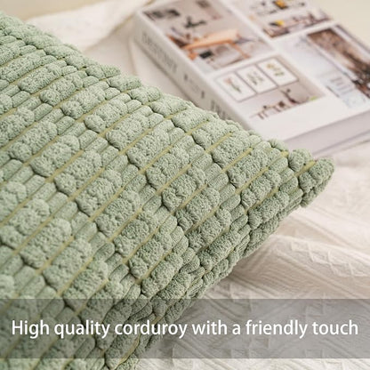 Aegero Pack of 2 Corduroy Decorative Throw Pillow Covers 12x24 Inch Soft Striped Pillow Covers Modern Farmhouse Home Decor for Sofa Living Room Couch Bed（Blackish Green）