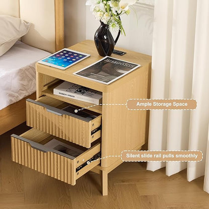 Nightstand with Charging Station,18" W Night Stand 2 Drawers Open Storage,Modern Bedside Table,Fluted Nightstand End Table with Widened Handle for Bedroom Living Room Sofa Office