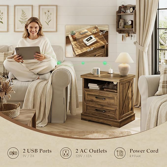AODK 24 Inch Farmhouse Nightstand with Charging Station, Large Bedside Table with 2 Drawers, Rustic Wood End Table with Outlet and USB for Bedroom, Light Walnut