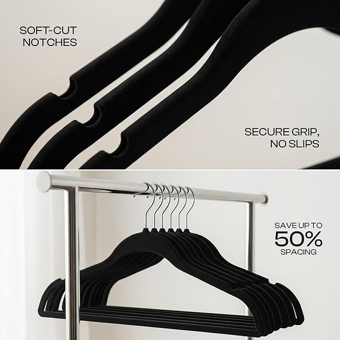 Utopia Home Velvet Hangers 50 Pack – Luxury Non-Slip Slim Suit & Coat Hangers, Strong Space-Saving Clothes Hangers with Pants Bar and 360° Swivel Hook – Black