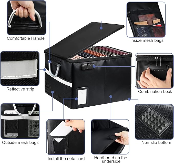 TOMKID Fireproof Document Box, Fireproof File Organizer Box with Lock, Portable File Folder Organizer with Handle for Hanging Letter/Legal Folder 16.1 x 12.9 x 11in