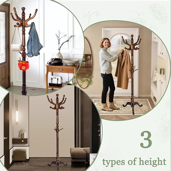 Coat Rack Freestanding,Solid Wooden Coat Rack Stand with 3 Height Options,14 Hooks, Natural Birch Coat Tree Easy to assemble for Clothes Jacket Hat bag Entryway (mahogany) (retro)