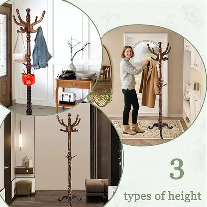 Coat Rack Freestanding,Solid Wooden Coat Rack Stand with 3 Height Options,14 Hooks, Natural Birch Coat Tree Easy to assemble for Clothes Jacket Hat bag Entryway (mahogany) (retro)