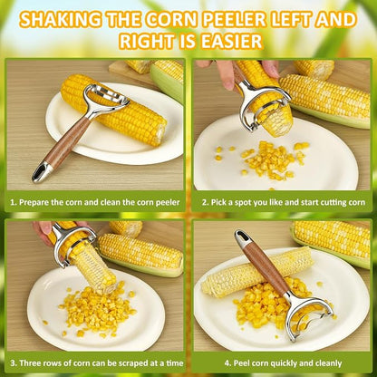 Stainless Steel Corn Peeler, Durable Corn on the Cob Stripper Tool with Solid Wood Good Grip Handle for Salad Polenta Pizza Popcorn Cooking Gifts for Woman Her Mom Birthday (Hard Maple)