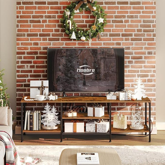 HOOBRO TV Stand with Power Outlets to 75 Inches, TV Console Table with Open Storage Shelves Cabinet, Industrial Media Entertainment Center for Living Room Bedroom, Rustic Brown and Black BF80DS01