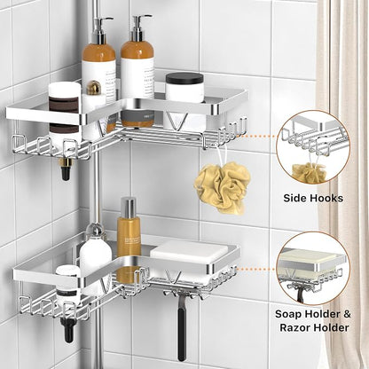 KEGII SUS304 Corner Shower Organizer, Stainless Steel Tension Pole Corner Bathroom Caddy, No Drilling Required Adjustable Shower Shelf for Inside Showers, Silver