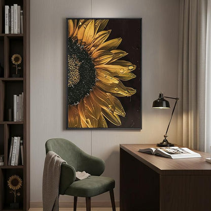 Framed Sunflower Wall Art, Modern and Elegant Floral Canvas Prints Paintings Artwork for Walls, Minimalist Yellow Flower Pictures for Living Room Dining Bedroom Loung Fireplace Wall Decor 24x36 In