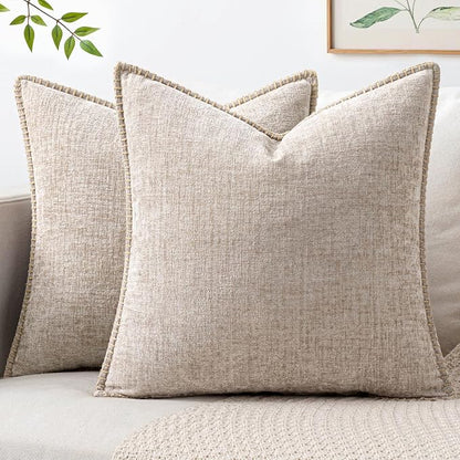 MIULEE Pack of 2 Couch Throw Pillow Covers 20x20 Inch Natural Beige Farmhouse Decorative Pillow Covers with Stitched Edge Taupe Soft Chenille Solid Dyed Pillow Covers for Sofa Bed Living Room