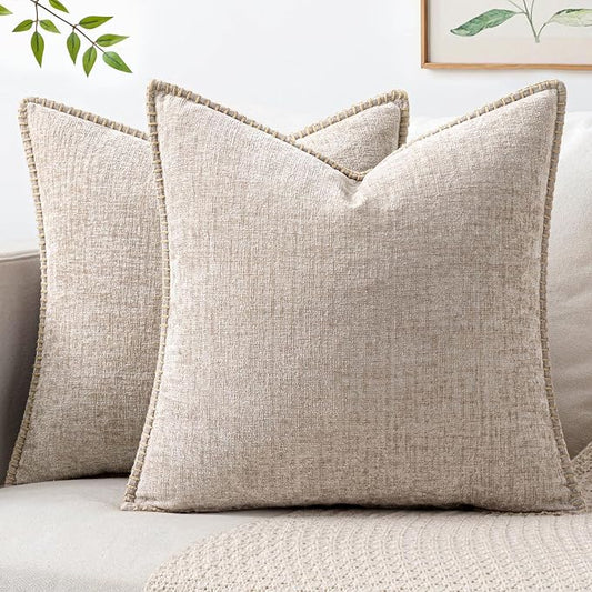 MIULEE Pack of 2 Couch Throw Pillow Covers 20x20 Inch Natural Beige Farmhouse Decorative Pillow Covers with Stitched Edge Taupe Soft Chenille Solid Dyed Pillow Covers for Sofa Bed Living Room