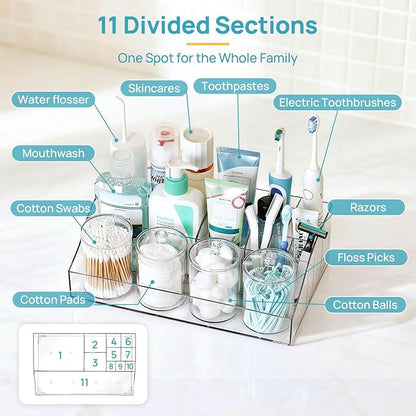 Vtopmart 5 PCS Bathroom Countertop Organizer, 1 Divided Tray with 4 Qtip Holder Jars, Restroom Clear Organizers for Toothbrush, Cotton Pads Balls, Floss, Bathroom Vanity Accessories Storage Set