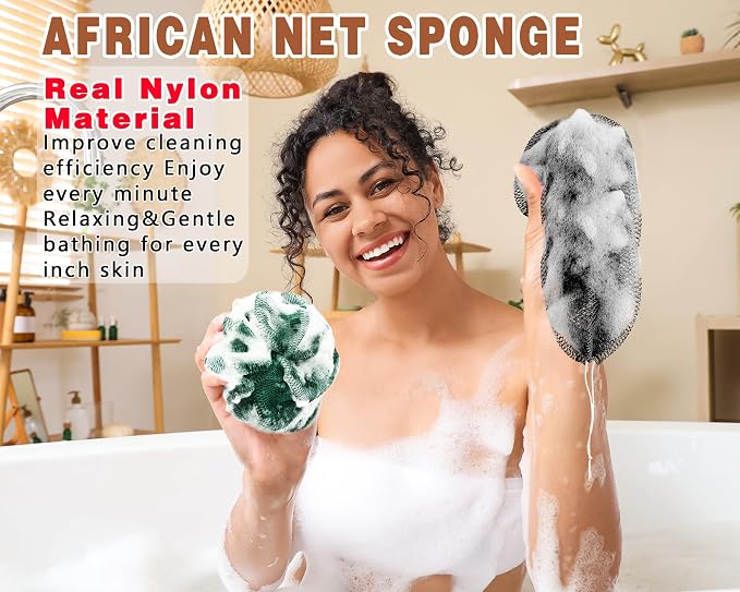 2 Pack African Net Sponge Exfoliating Body Scrubber Bath Sponge for Daily Use (Black+Dark Green)