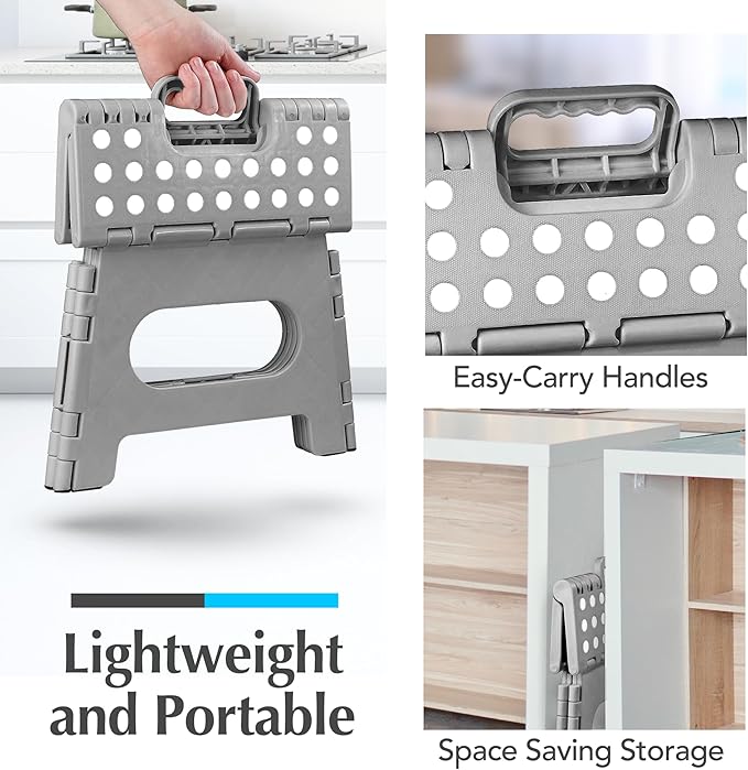 Handy Laundry Folding Lightweight Step Stool - Sturdy Enough to Support Adults - Opens Easy with One Flip - Great for Kitchen, Bathroom or Bedroom (Grey | 2-Pack)