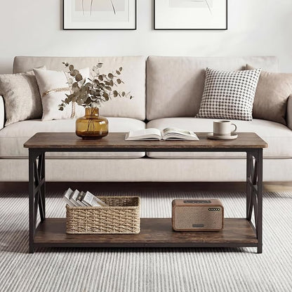 Giantex Farmhouse Coffee Table, 43" Center Table with Storage & X-Shaped Frames, 2-Tier Modern Accent Cocktail Tea Table, Rectangular Wooden Living Room Tables for Small Spaces, Rustic Brown