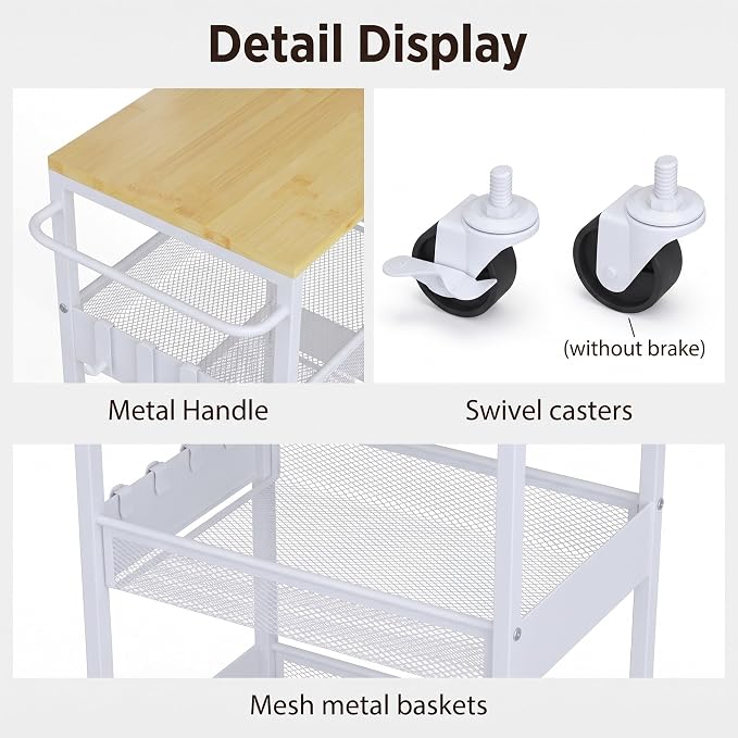 Rolling Utility Cart, 4 Tier 11.8" Wide Metal Storage Cart with Handle and Wood Top, Multifunctional Mobile Shelf Unit Organizer Trolley for Laundry, Bathroom, Kitchen