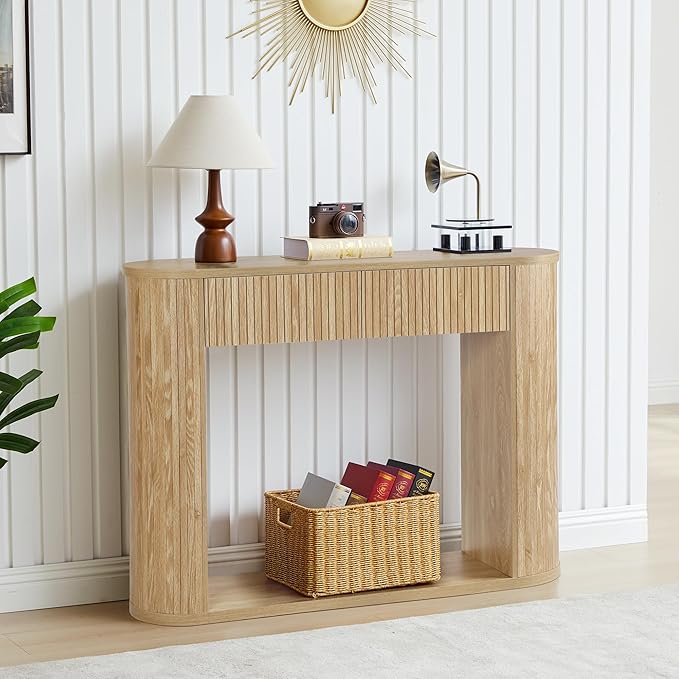 42.5” Console Table with 2 Drawers, Fluted Entryway Table with Rounded Corners, Rectangular Sofa Table Behind Couch for Living Room, Hallway, Foyer (Natural)