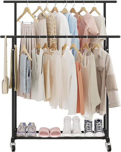 Calmootey Double Rod Clothing Garment Rack,Rolling Hanging Clothes Rack,Portable Clothes Organizer for Bedroom,Living Room,Clothing Store,Black