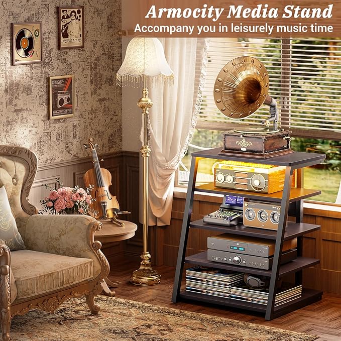 Armocity 5-Tier AV Media Stand with Power Strips, Media Console with LED Lights, Audio Tower Rack with Adjustable Shelves, Stereo Stands and Racks, 40.8'', Black Ebony