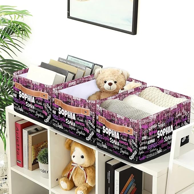 Personalized Small Kids Toys Box with Name, Custom Nursery Baskets, Women Makeup Organization Custom Storage Toilet Paper Organizer, Dream Pink Glittering with Black