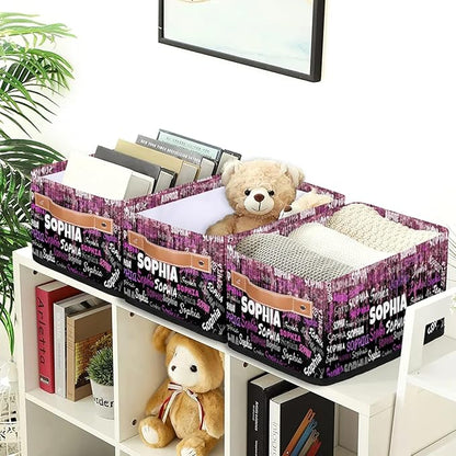 Personalized Small Kids Toys Box with Name, Custom Nursery Baskets, Women Makeup Organization Custom Storage Toilet Paper Organizer, Dream Pink Glittering with Black