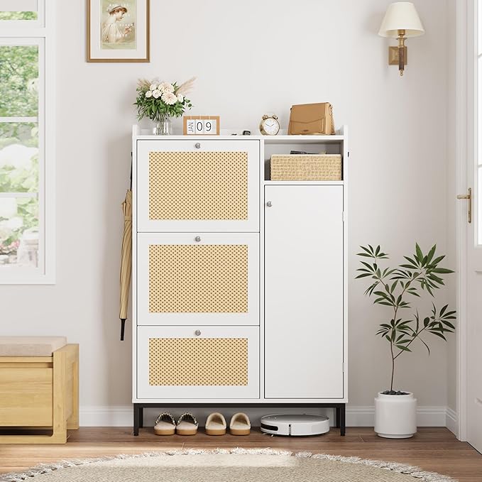Rattan Wooden Shoe Cabinet, Freestanding 3-Flip Drawer Shoe Storage Organizer, Side Cabinet & Top Fence, Easy Assembly Shoe Rack for Entryway Hallway Living Room, White