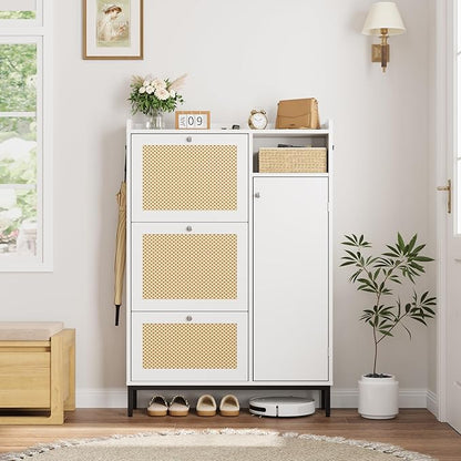 Rattan Wooden Shoe Cabinet, Freestanding 3-Flip Drawer Shoe Storage Organizer, Side Cabinet & Top Fence, Easy Assembly Shoe Rack for Entryway Hallway Living Room, White