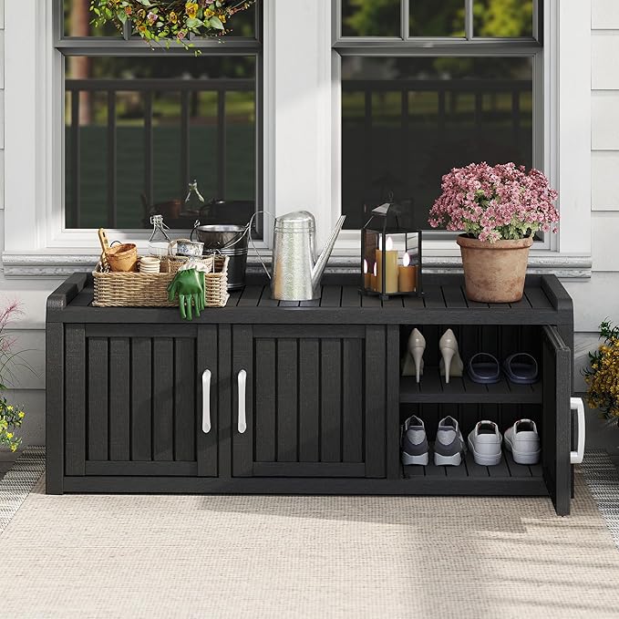 NUNU LAB Shoe Storage Cabinet, Waterproof Shoe Organizer with Adjustable Shelves, UV-Resistant Entryway Shoe Cabinet Bench with 3 Barn Doors for Indoor Outdoor, Foyer, Hallway, Living Room,Black