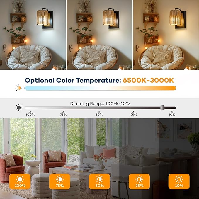 Battery Operated Wall Sconces Set of 2, Wireless Boho Rattan Wall Lights with Dimmable Bulbs, Remote & 12-Color RGB, Rechargeable Lamps for Bedroom, Living Room, Hallway Indoor Lighting