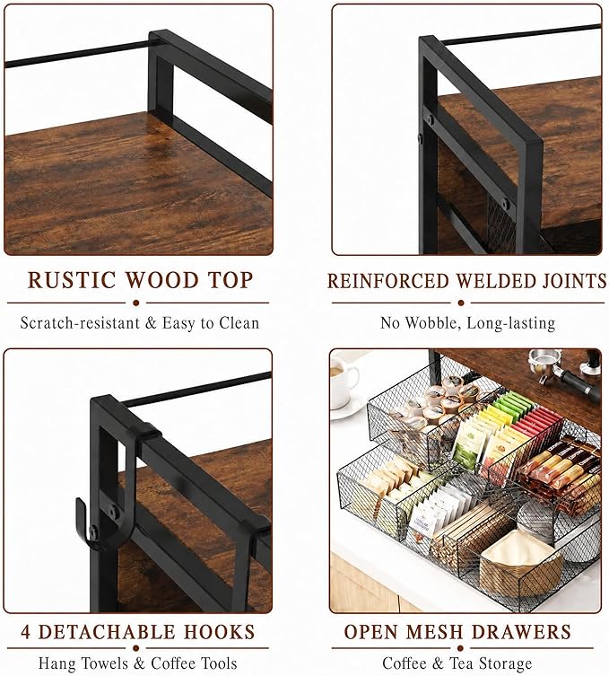 Coffee Station Organizer, Countertop Coffee Bar Holder with 2 Drawers, 4 Side Hooks, Holds 36 K Cups, Coffee Pods, Capsules, Rustic Brown Storage for Tea Bags, Syrup, Kitchen, Apartment, Home, Office