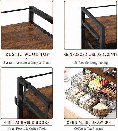 Coffee Station Organizer, Countertop Coffee Bar Holder with 2 Drawers, 4 Side Hooks, Holds 36 K Cups, Coffee Pods, Capsules, Rustic Brown Storage for Tea Bags, Syrup, Kitchen, Apartment, Home, Office