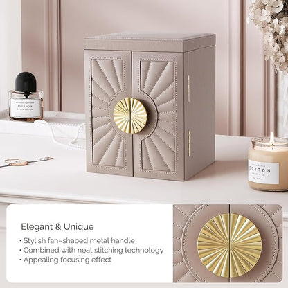 Jewelry Box for Women, 6-Tier Jewelry Organizer Box with Mirror, 5 Drawers Jewelry Storage Case for Ring Necklace Earring Bracelet, Light Taupe
